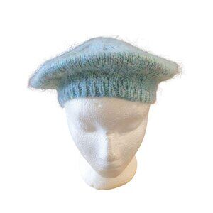 Handmade Womens Fuzzy Beret Hat Light Blue Marled Purple Flecks Winter Warm